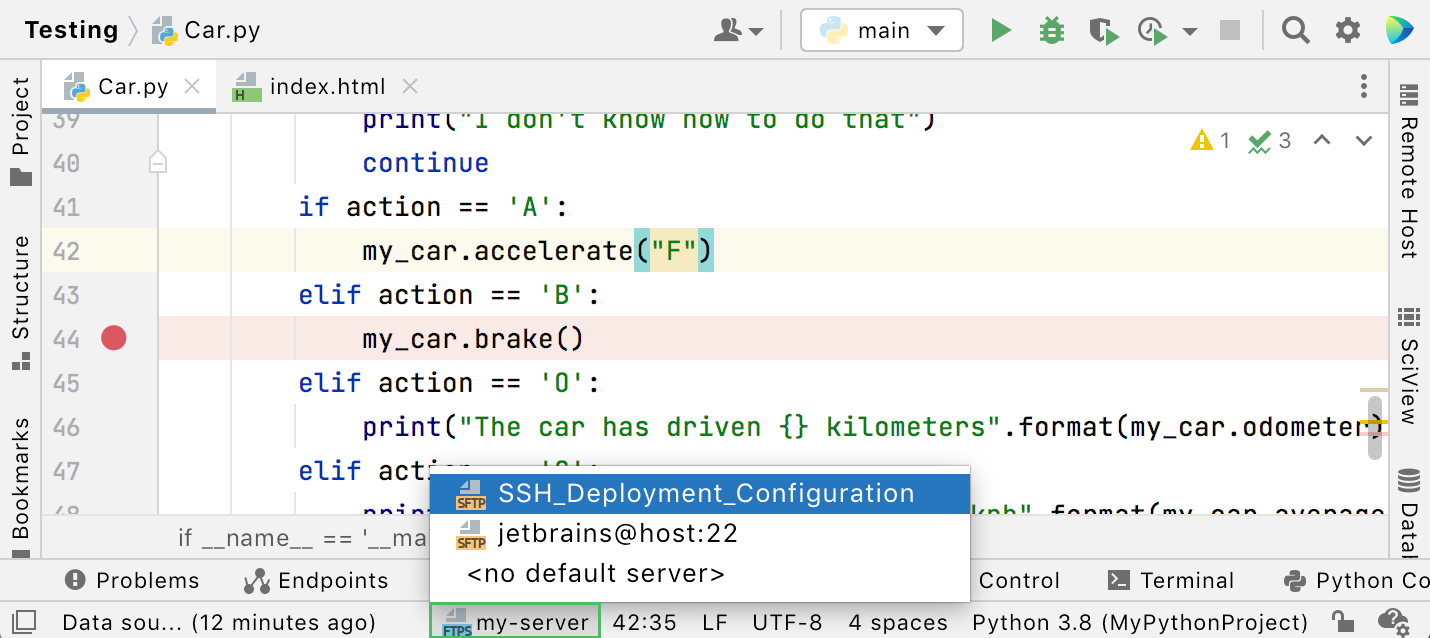 Selecting a default deployment server in PyCharm status bar