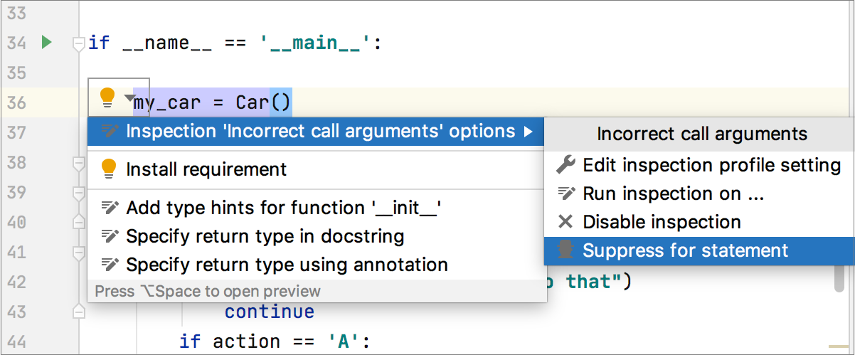 Suppressing an inspection in the editor