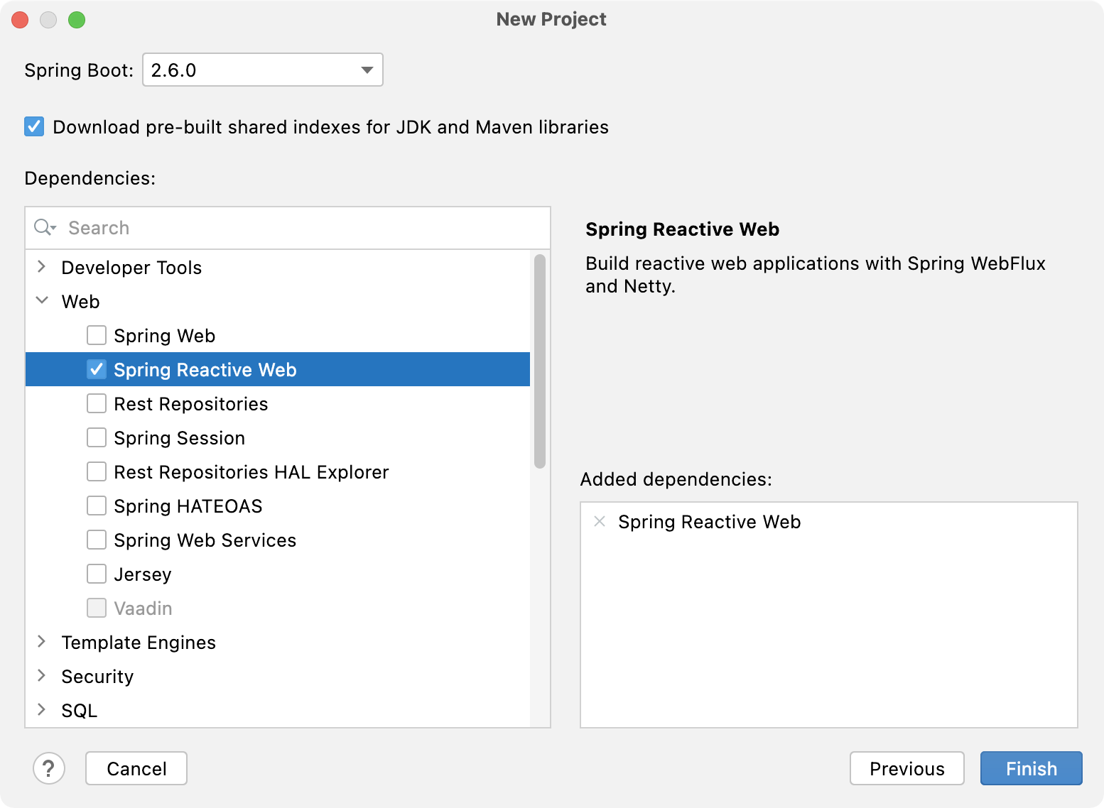 Specifying the Reactive Web dependency