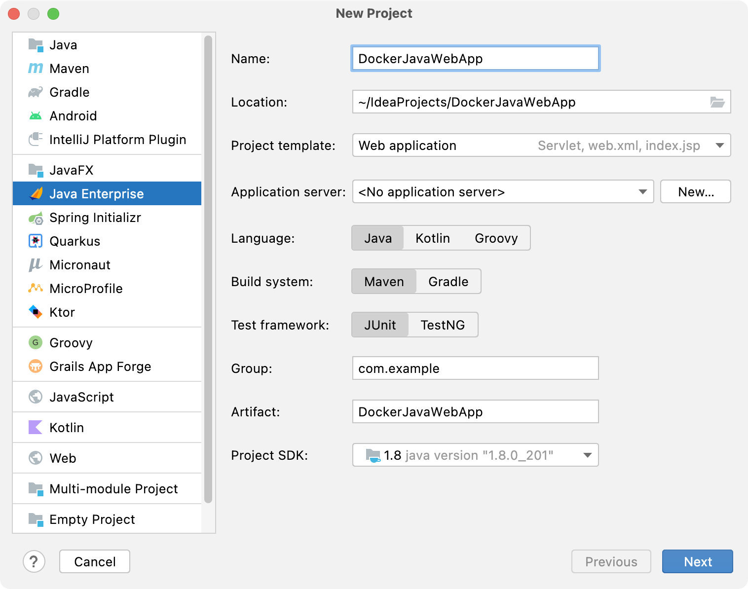 New Java Enterprise project wizard