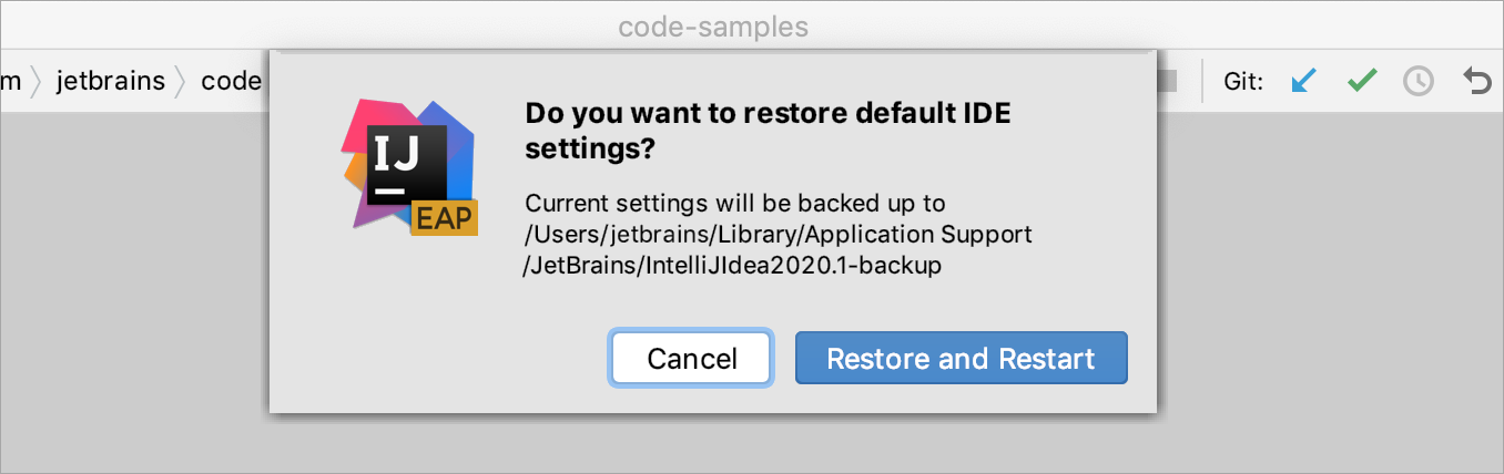 A popup prompting to confirm that you want to restore the default settings