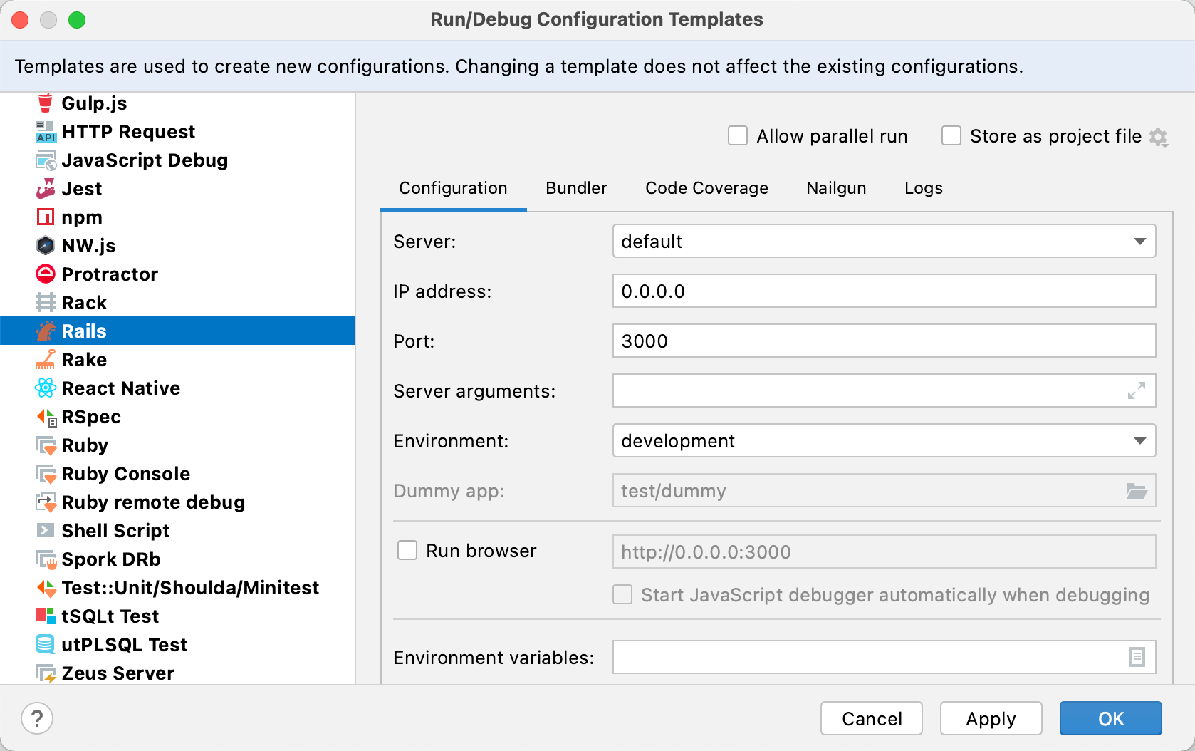 run/debug templates