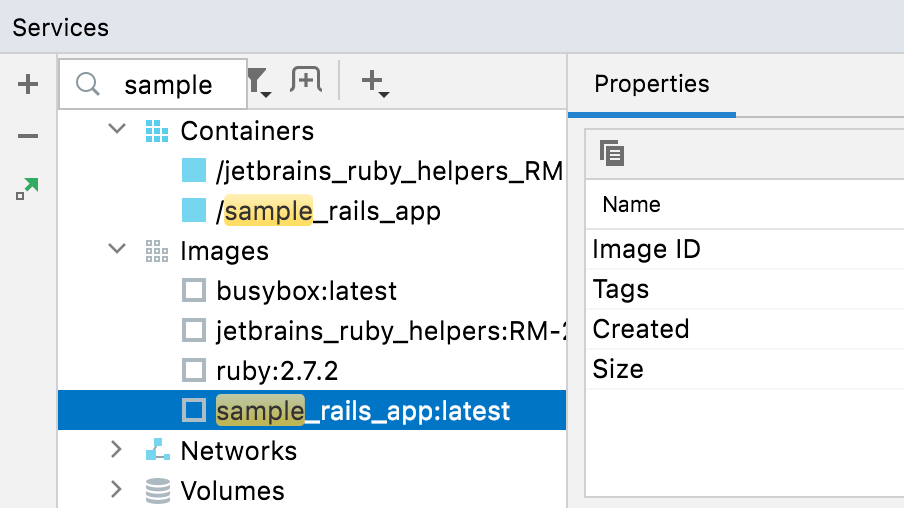 Search for a docker image in the Services tool window