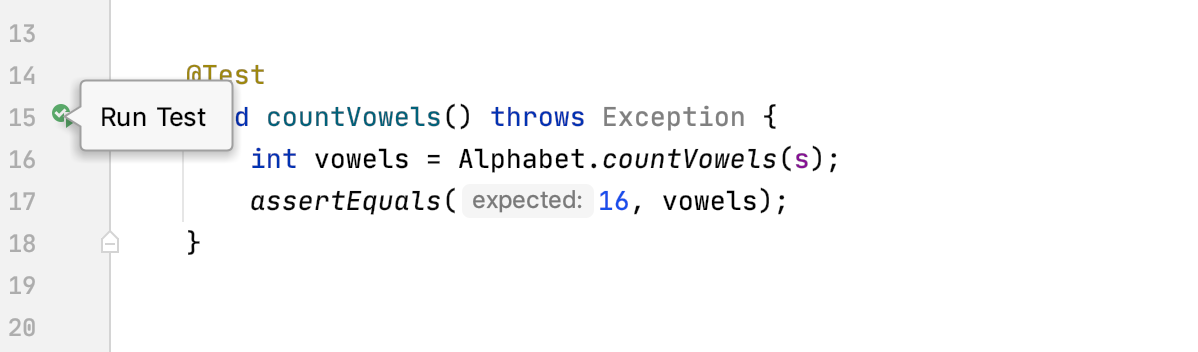 Running a test using the gutter icon