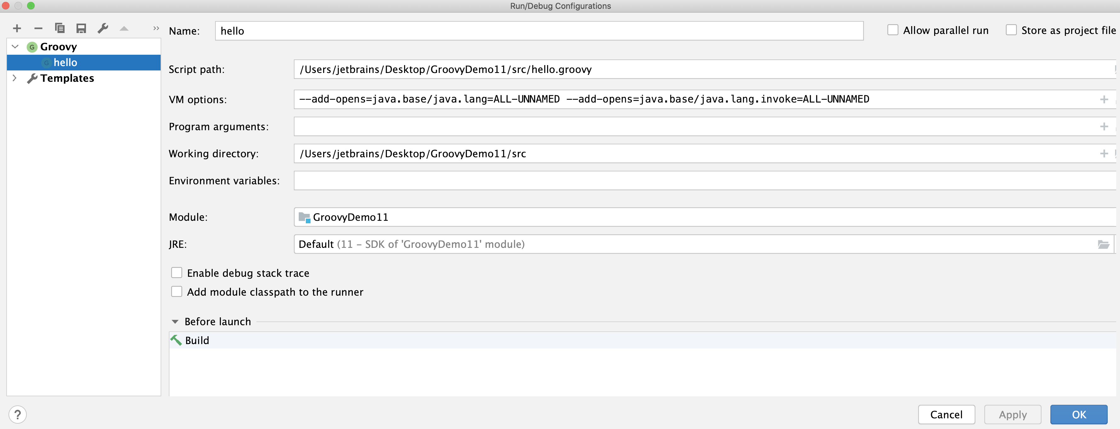 Groovy run configuration dialog