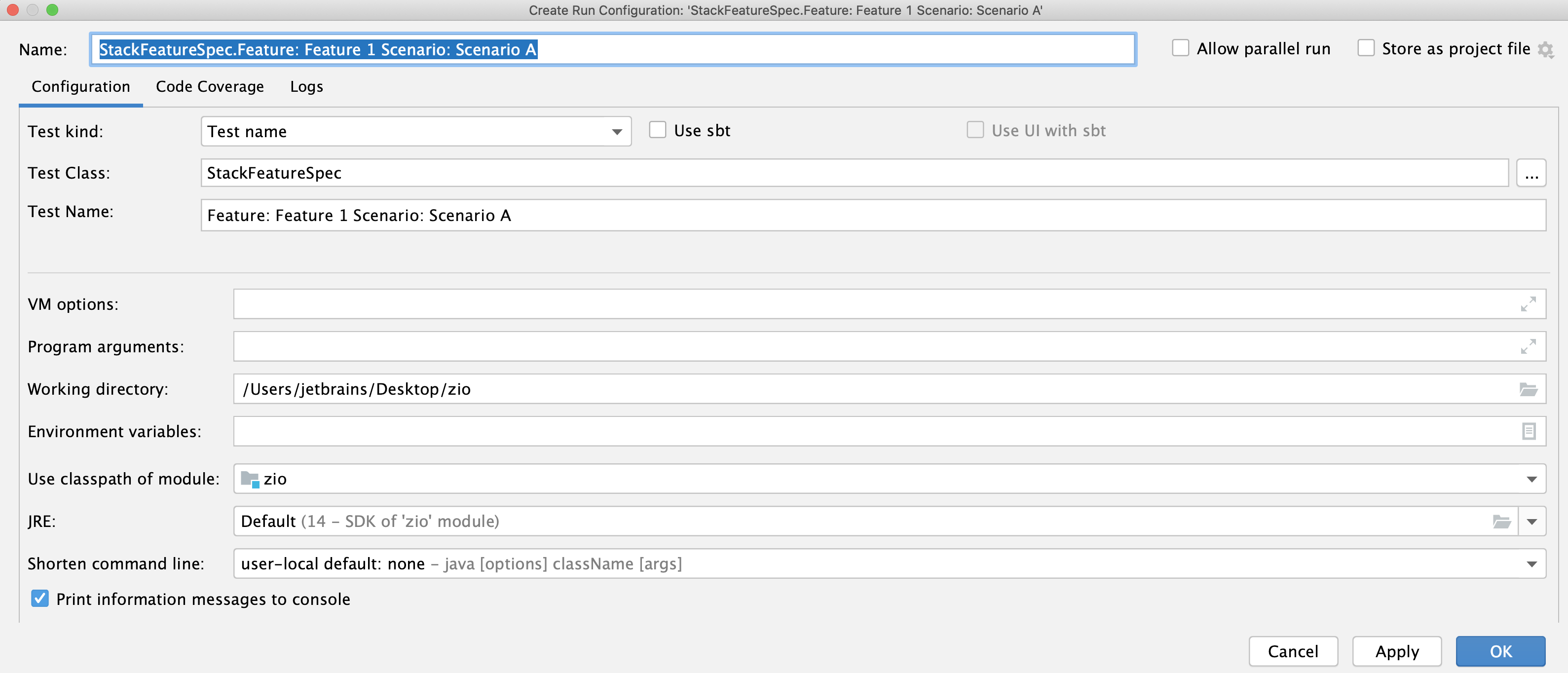 Run/Debug Configuration: test in scope