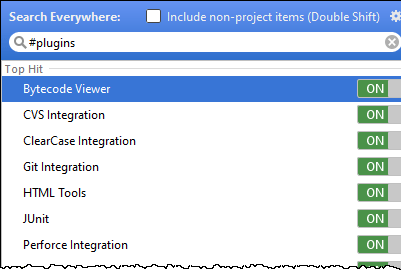 the Search Everywhere popup with the 'plugins' search query