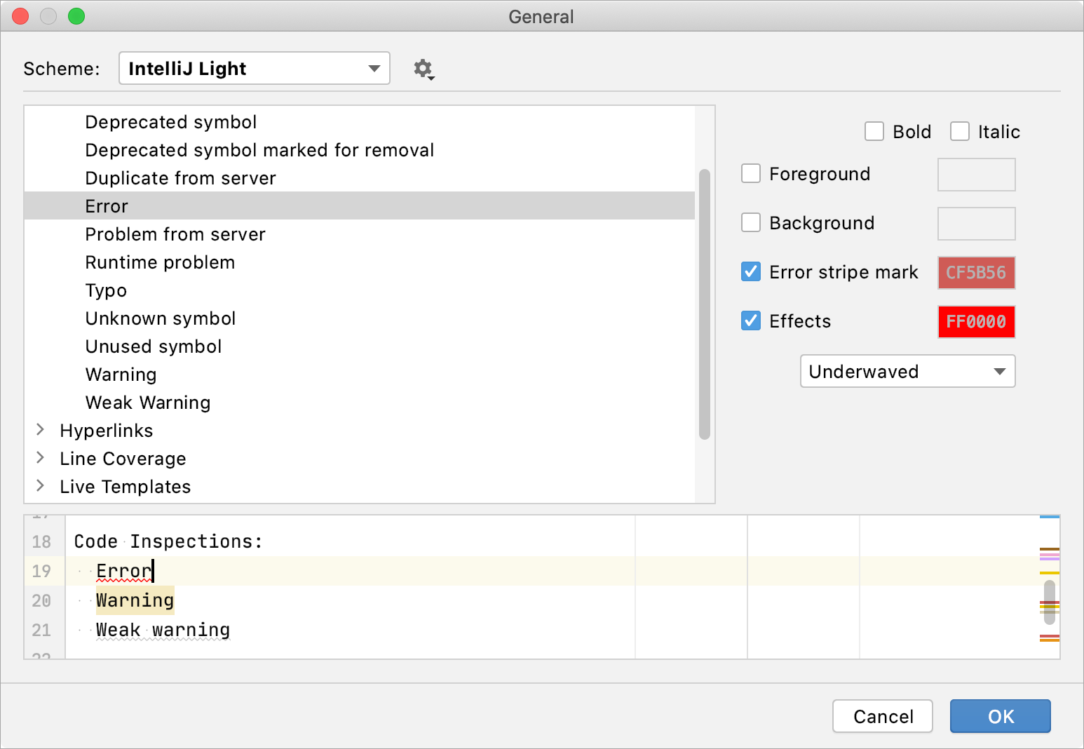 Changing error highlighting