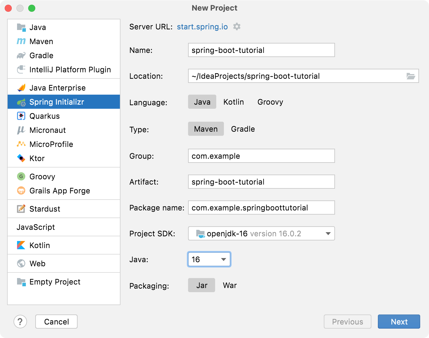 Spring Initializr in the New Project wizard