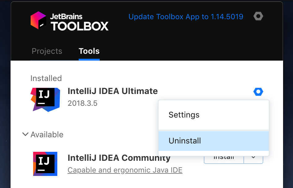Uninstall IntelliJ IDEA using the Toolbox App