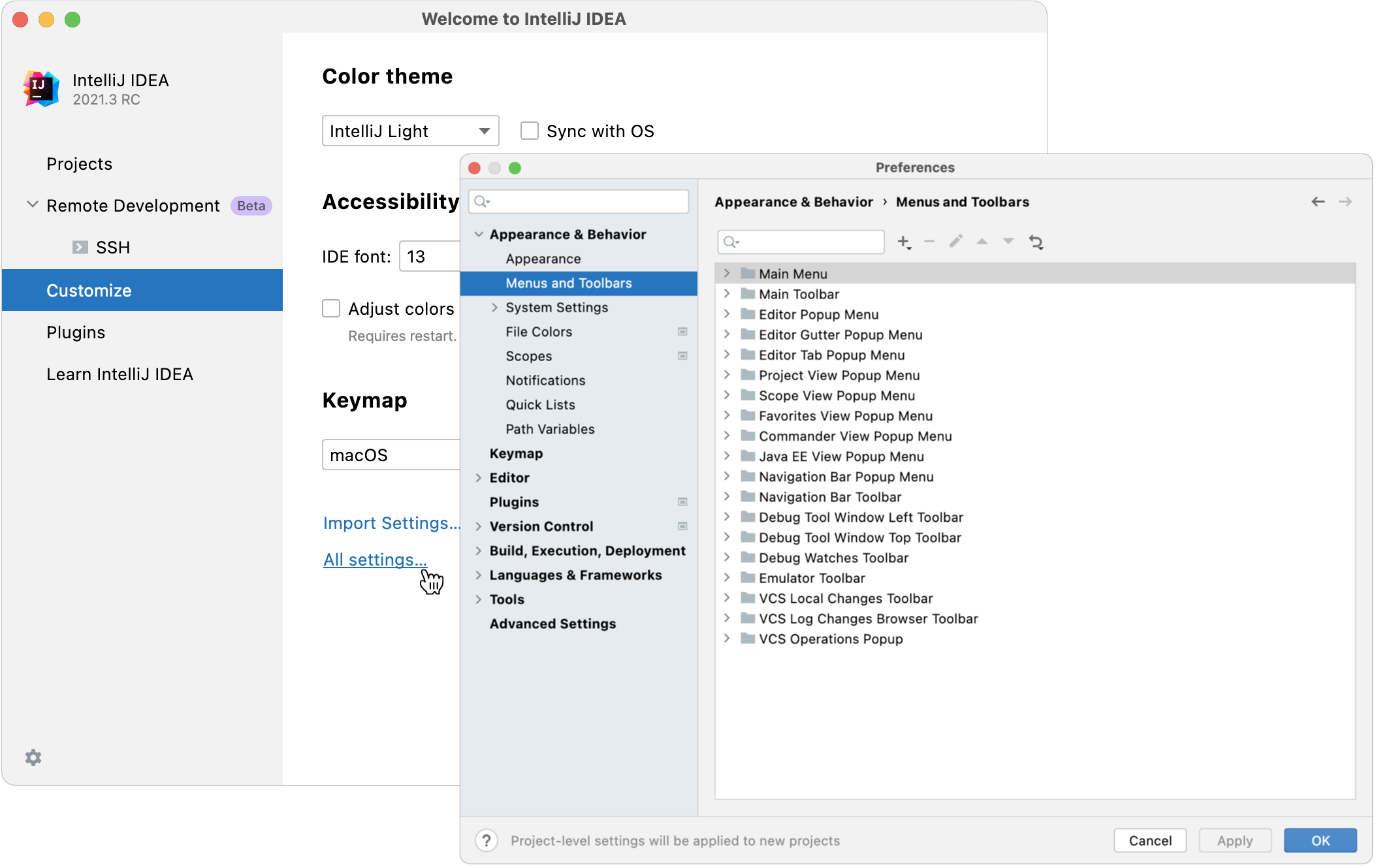 Configuring new default settings for projects