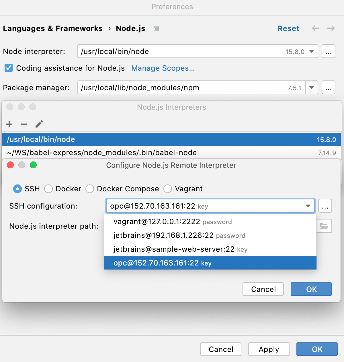 通过 SSH 配置远程 Node.js 解释器：选择 SSH 配置