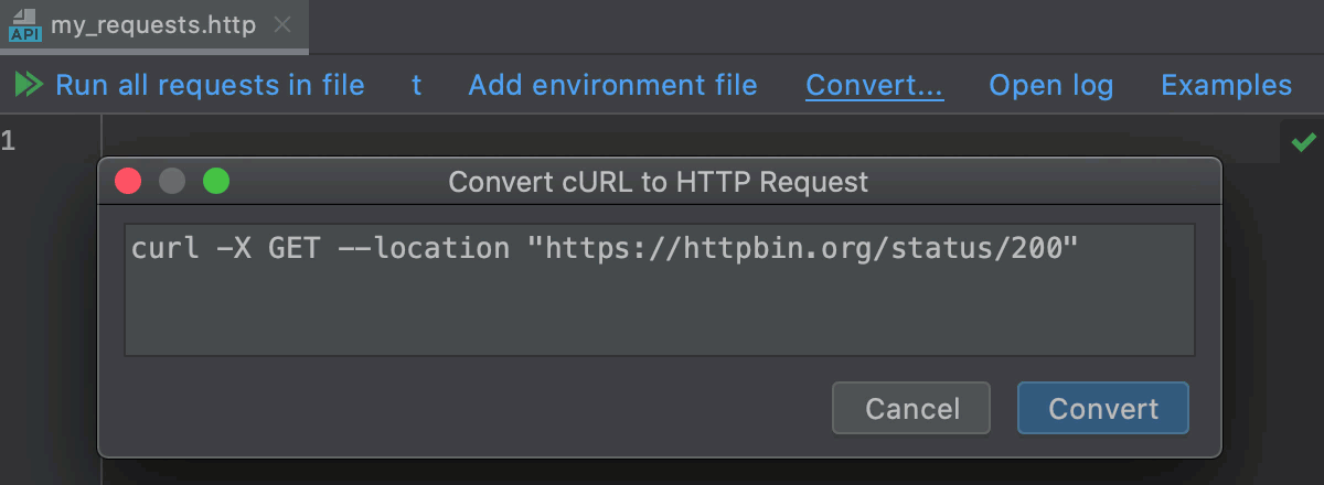 将 cURL 转换为 HTTP 请求对话框