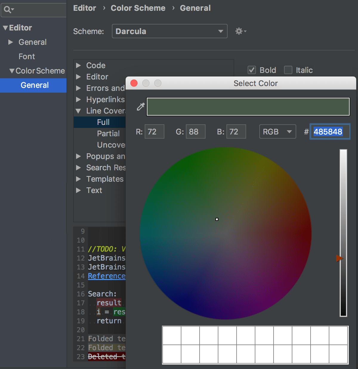 Configuring colors for indicating coverage status in the editor