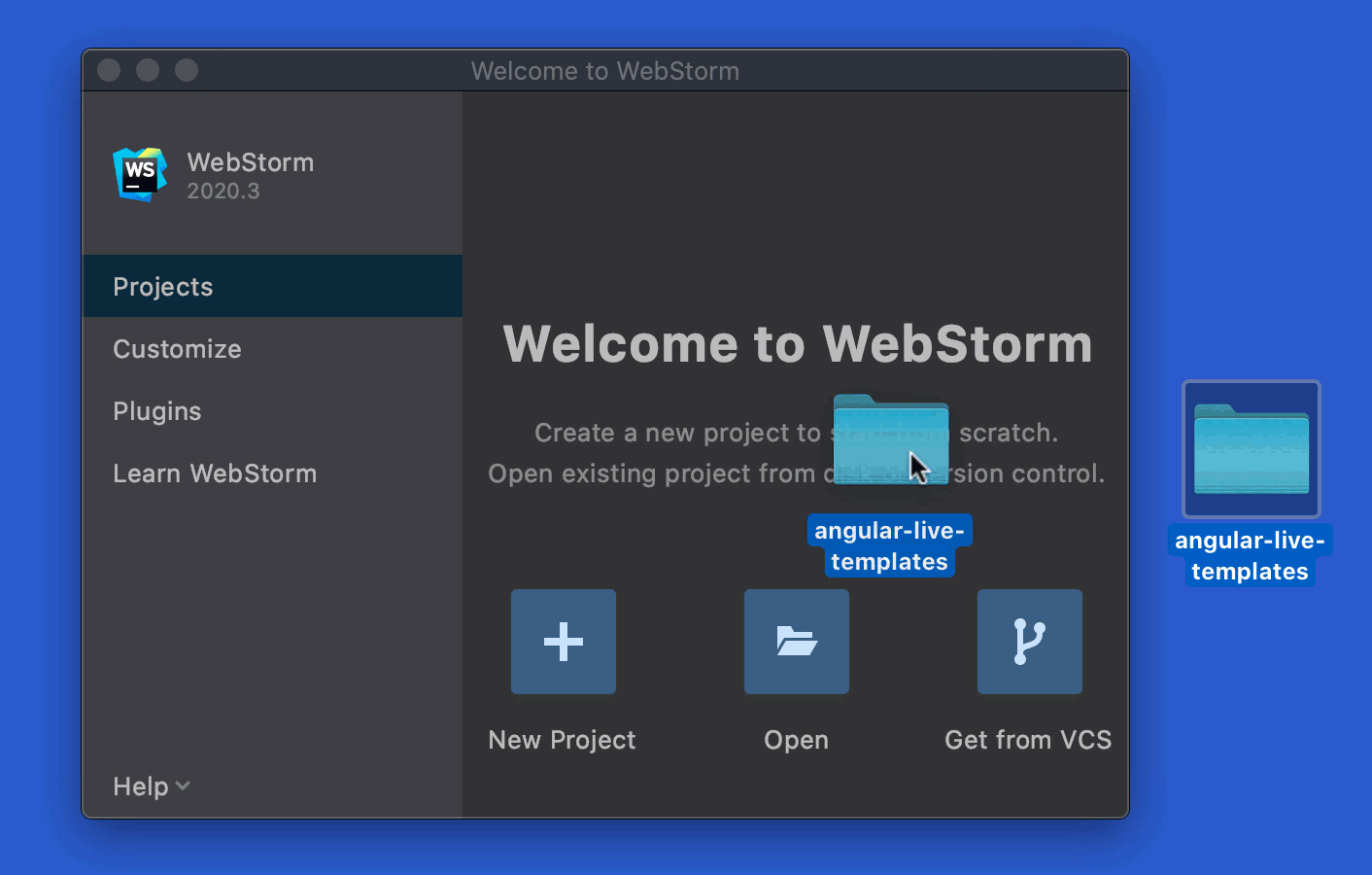 通过将文件夹拖到欢迎屏幕来创建新的 WebStorm 项目