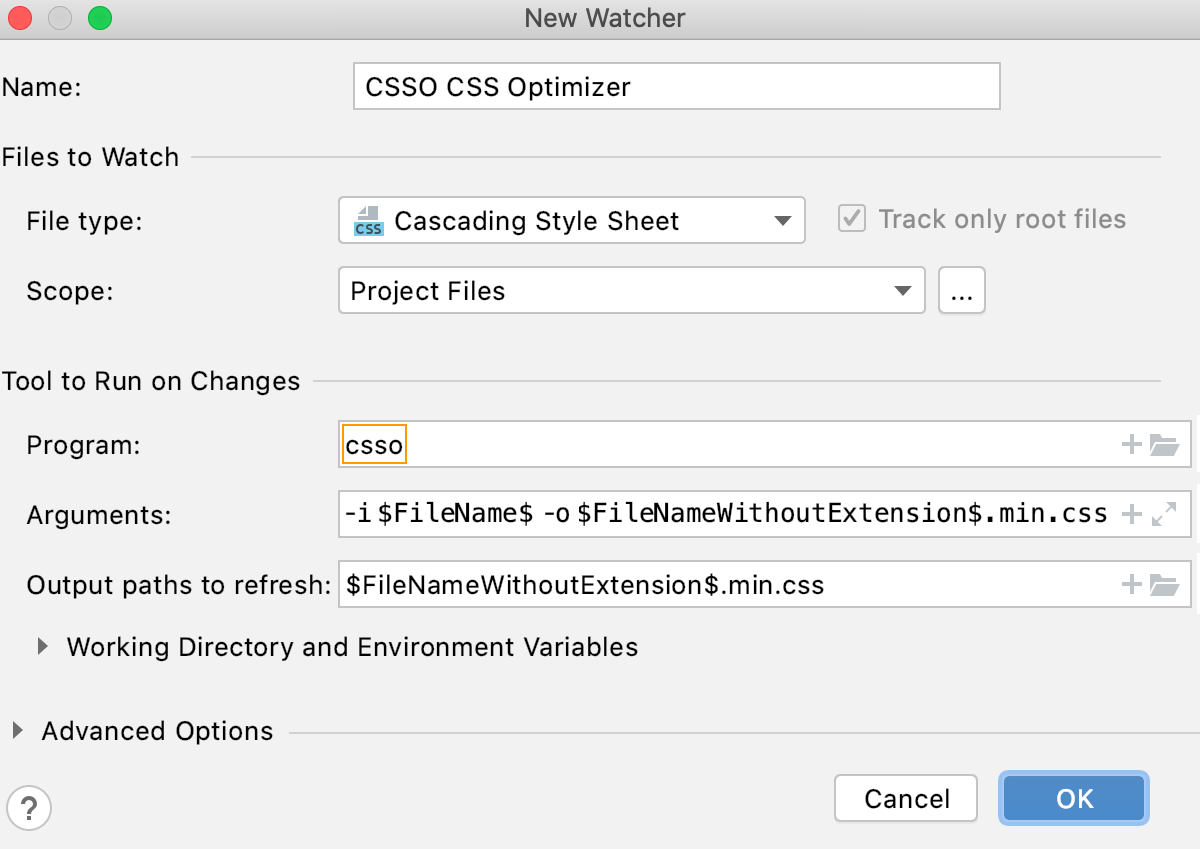 Create CSSO watcher: New Watcher dialog with default settings