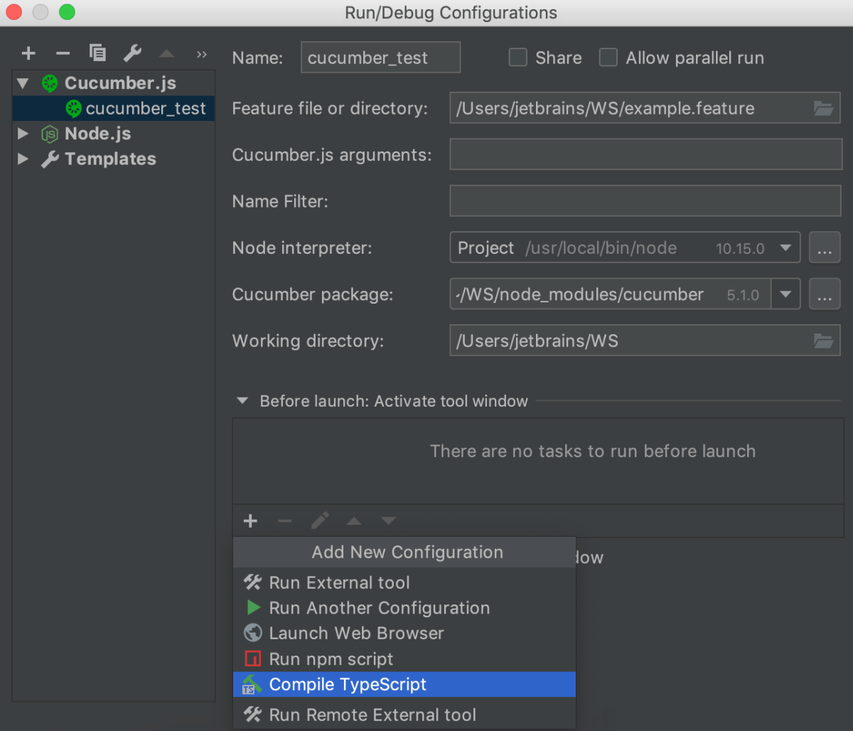 Cucumber.js 运行配置：添加一个 Compile TypeScript Before launch 任务