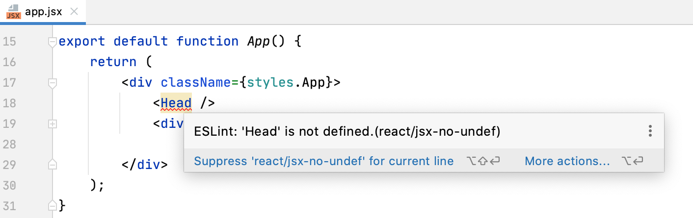 ESLint with React: errors and warnings are highlighted, the description of a problem is shown in a tooltip.
