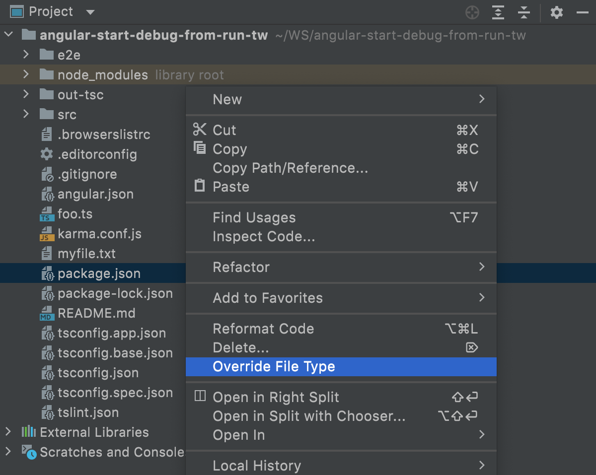 Exclude a file from project: override file type