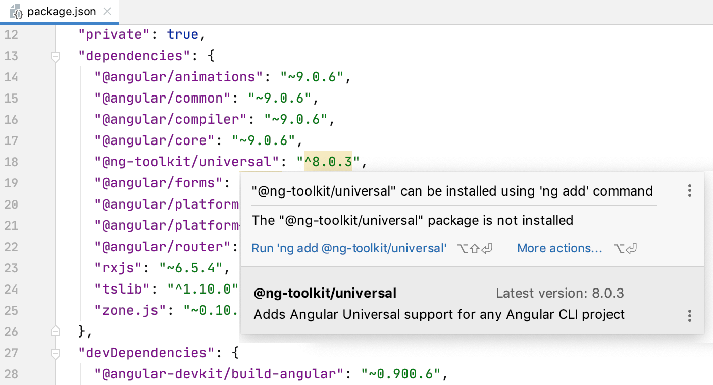 PhpStorm suggests adding a dependency with ng add