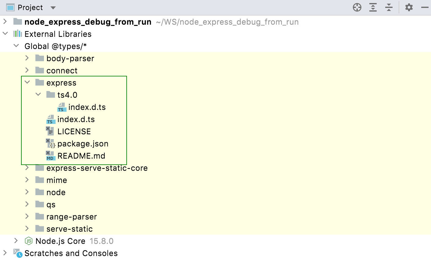 Downloaded type definitions are shown under the External libraries node