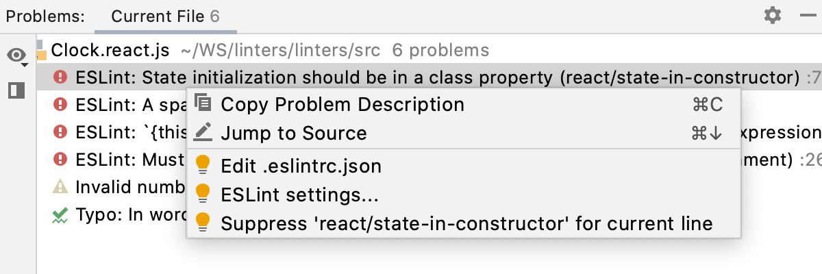 Problems tool window: context menu