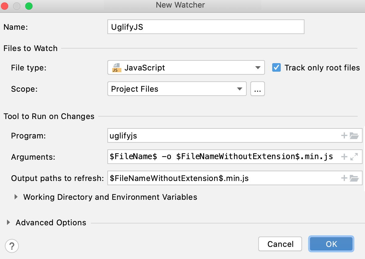 Create UglifyJS watcher: New Watcher dialog with default settings