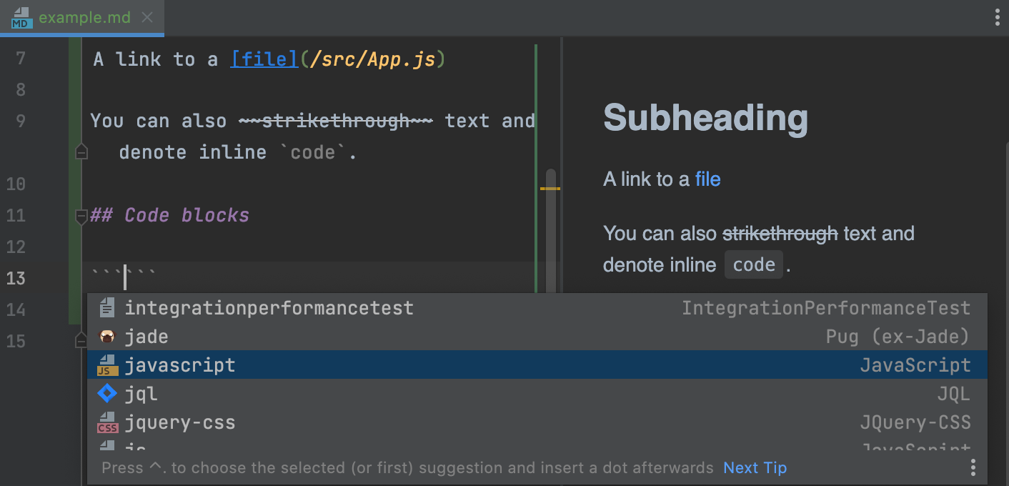 Markdown completion in fenced code blocks: select language