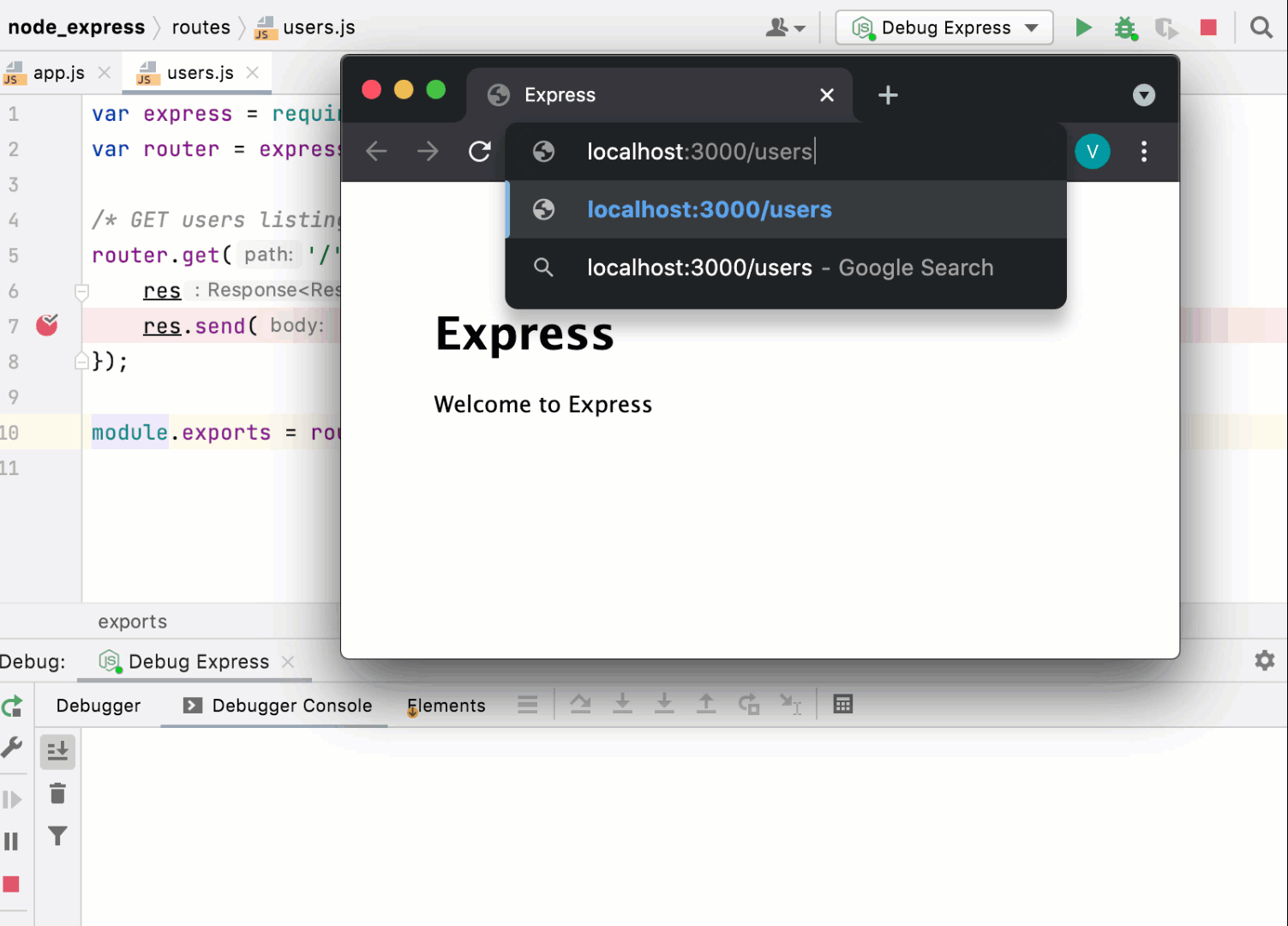 启动和调试 Node.js Express 应用程序