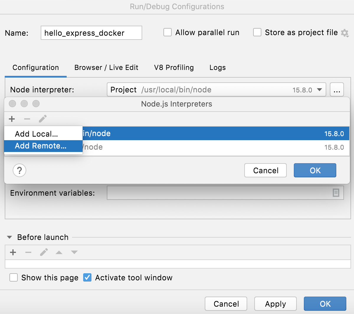 Node.js with Docker: run/debug configuration, configure interpreter, select Add Remote