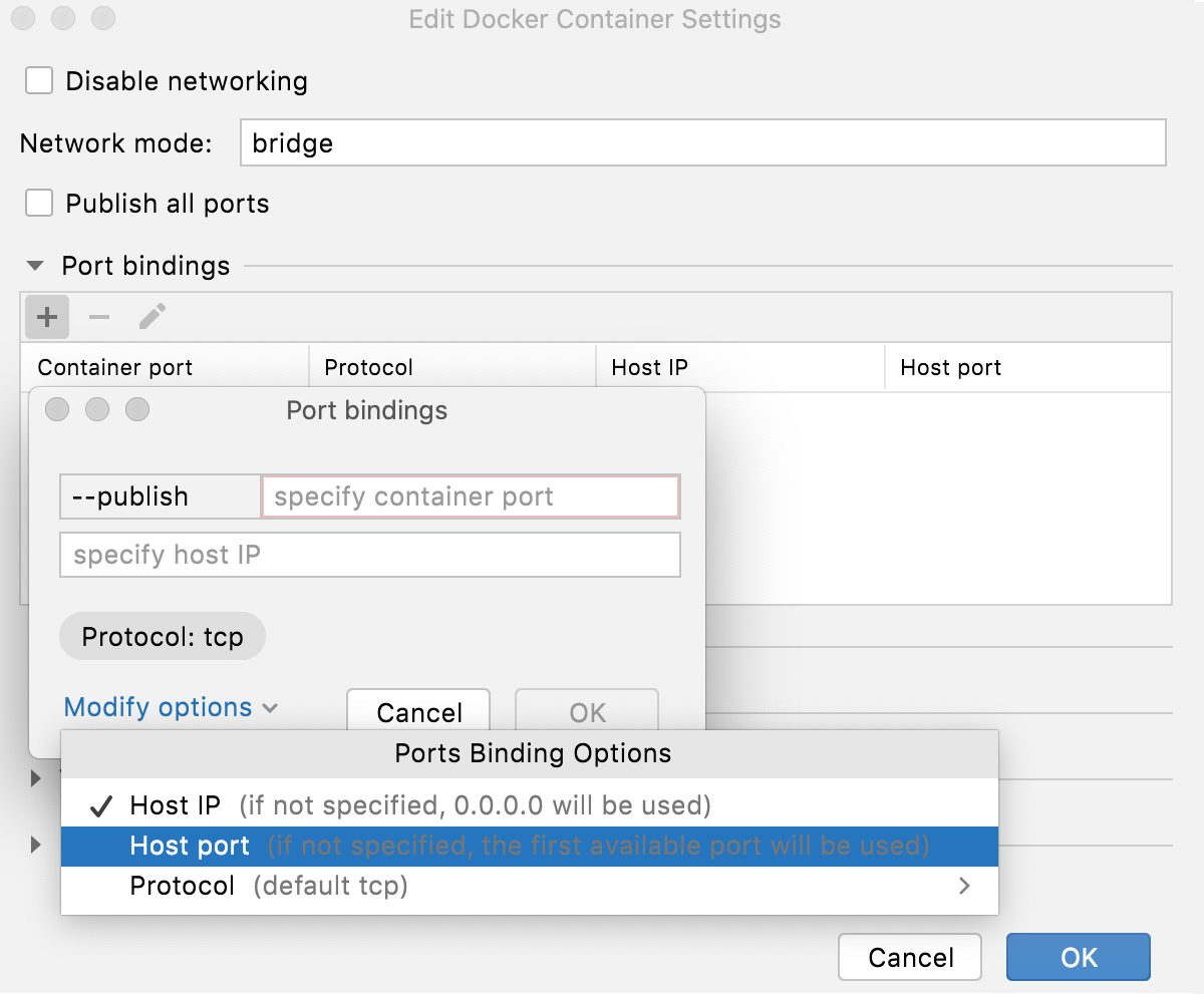 Configure Docker container settings: select the port binding options to specify