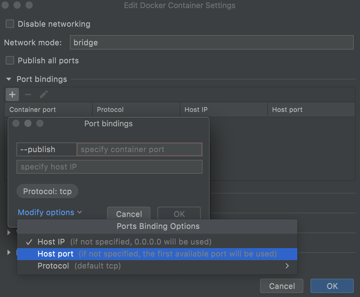 Configure Docker container settings: select the port binding options to specify