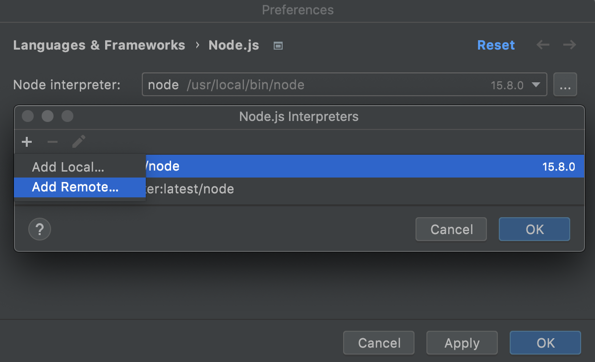 Configure Node.js remote interpreter: Add Remote