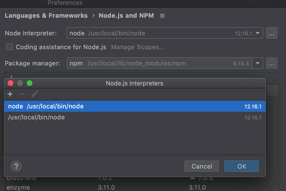 从设置中打开 Node.js 解释器对话框