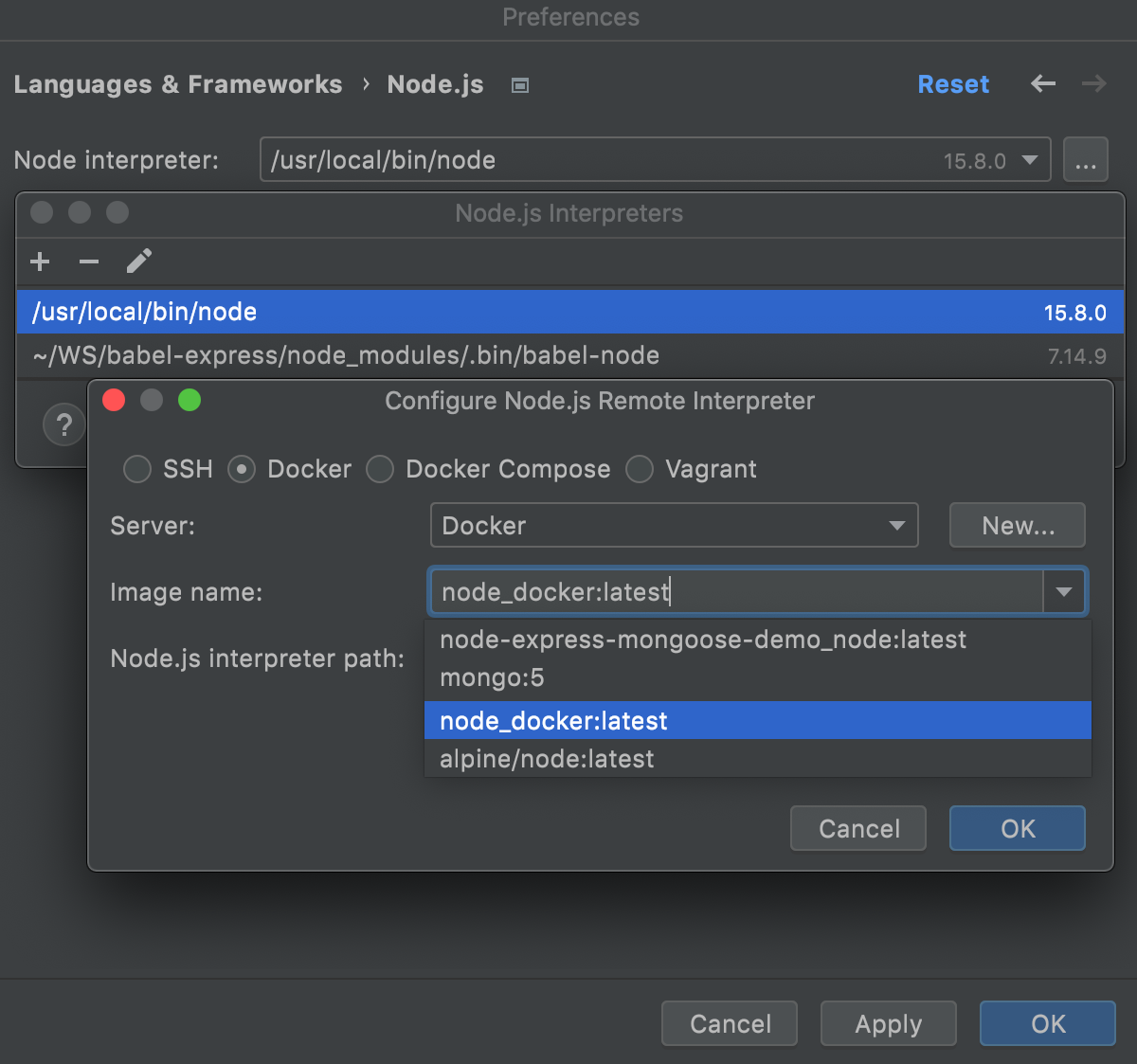 Configure Node.js interpreter in Docker container: select Docker image