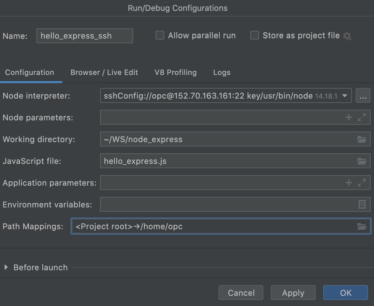 Create Node.js run configuration: added mapping shown