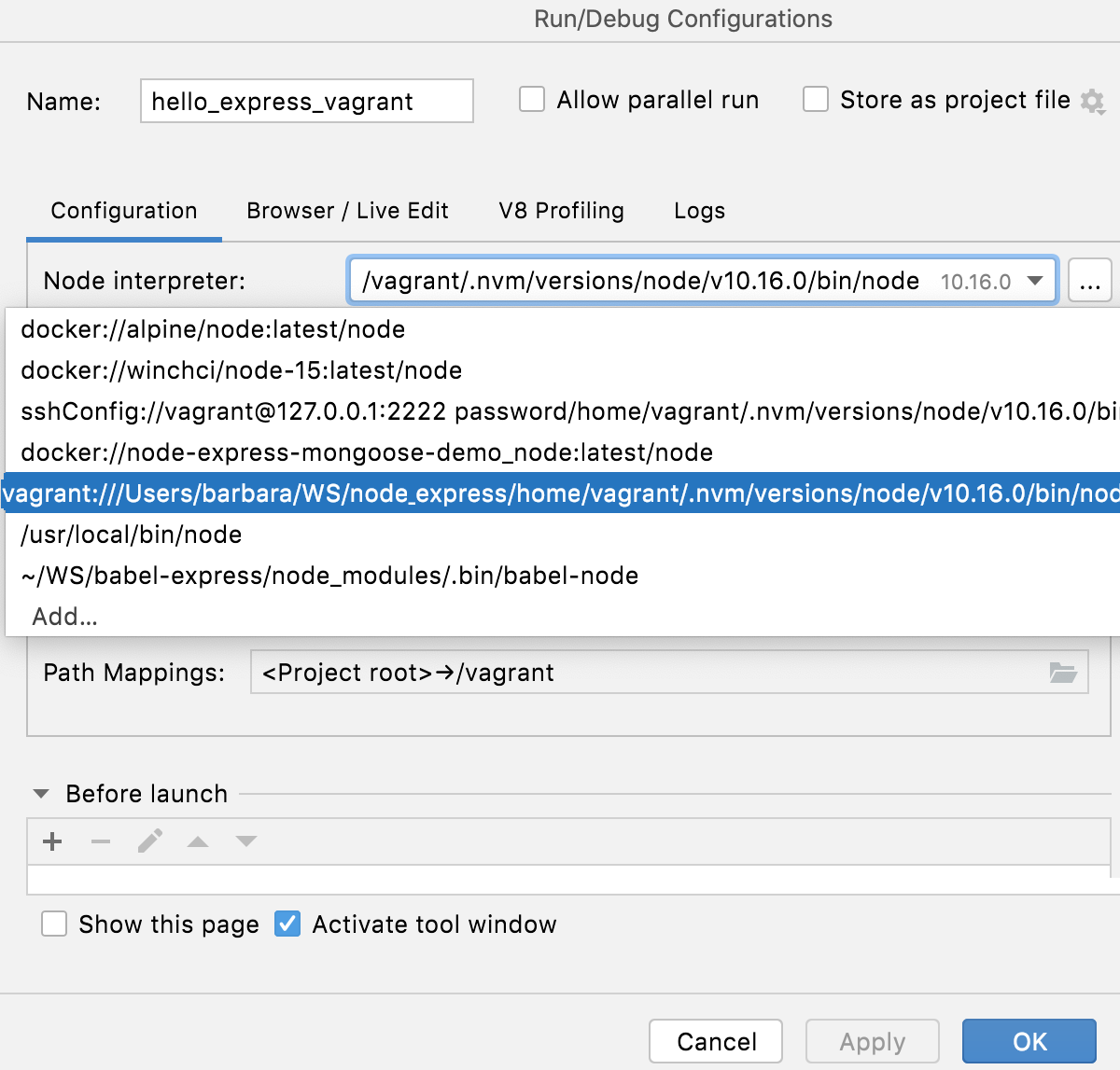 Node.js with Vagrant: run/debug configuration, select interpreter
