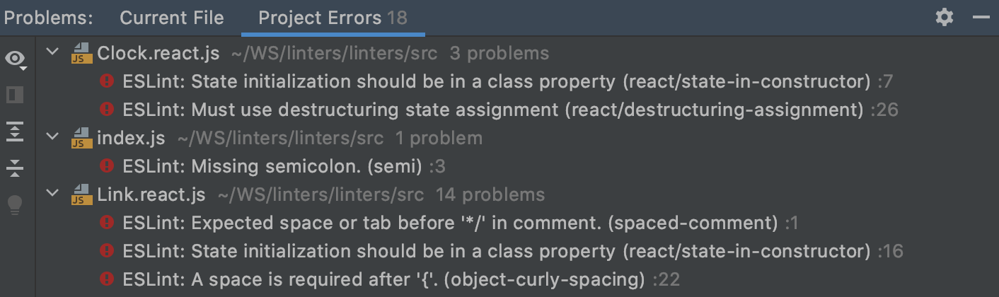 Problems tool window, ESLint. Project Errors tab shows syntax errors in previously opened files across the project