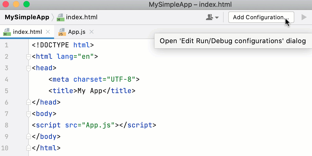 在外部 Web 服务器上调试 JavaScript：打开编辑配置对话框