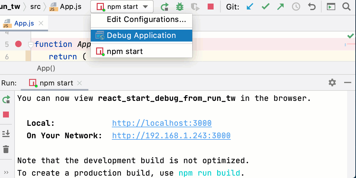 Start debugging an React app with Debug Application configuration