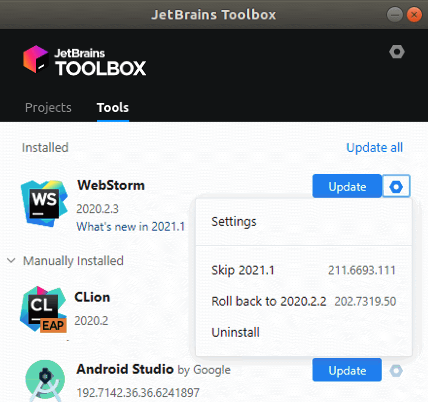 WebStorm in the JetBrains Toolbox App