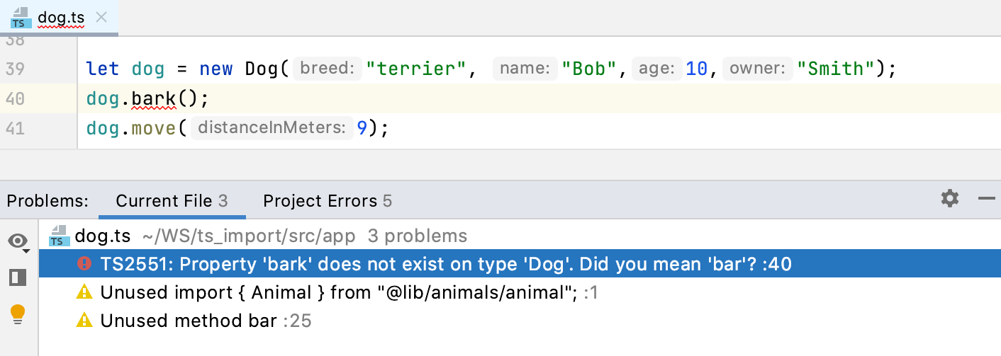 Problems tool window, TypeScript. Current File tab shows syntax errors from the file in the active editor tab