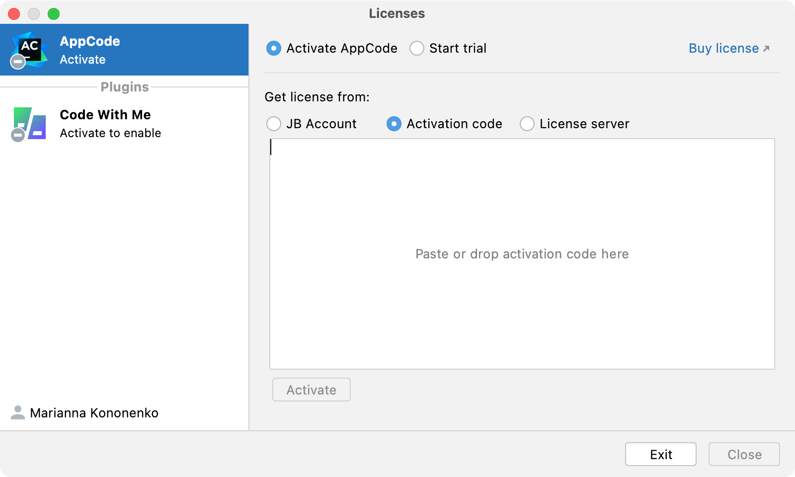 Activate AppCode license with an activation code
