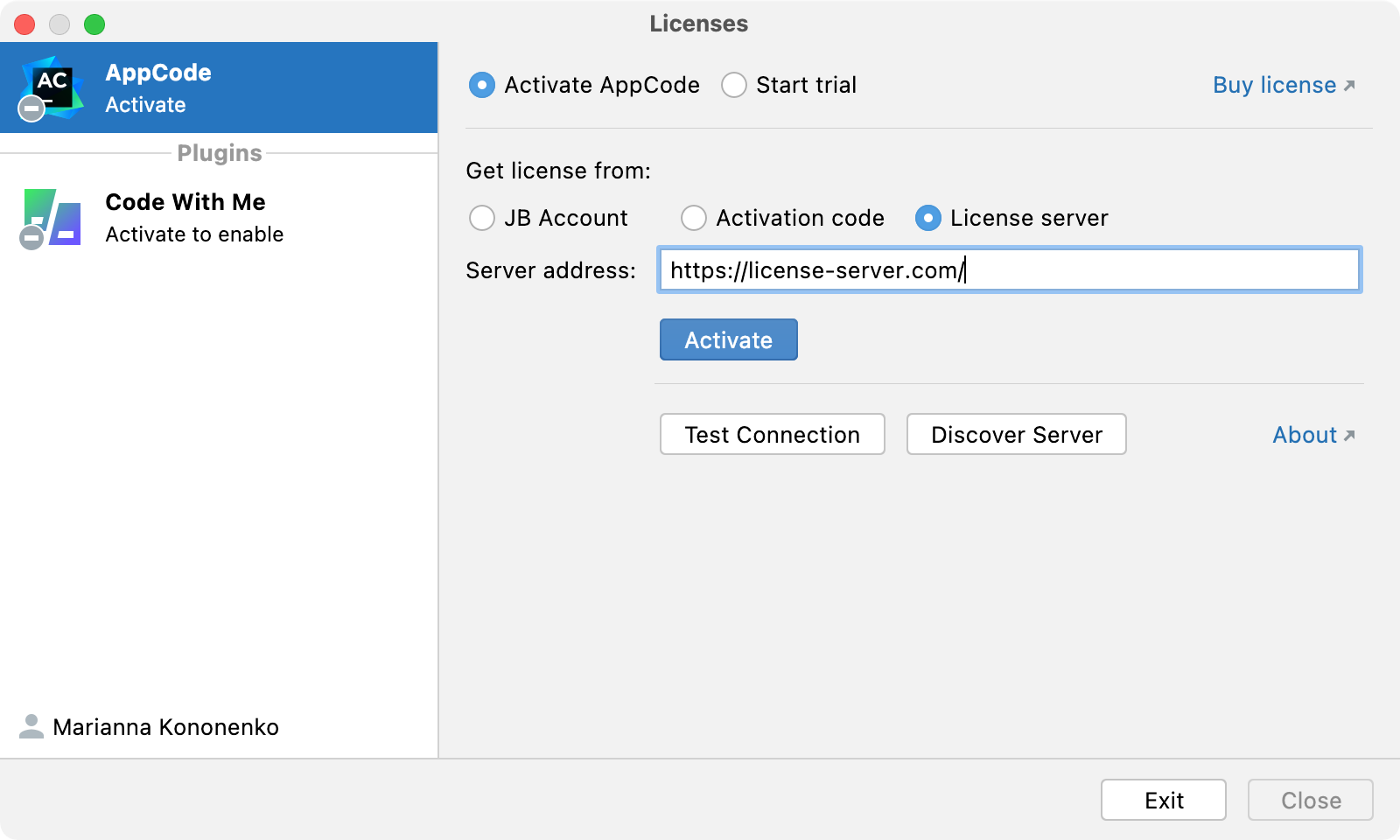 Activate AppCode license with a license server