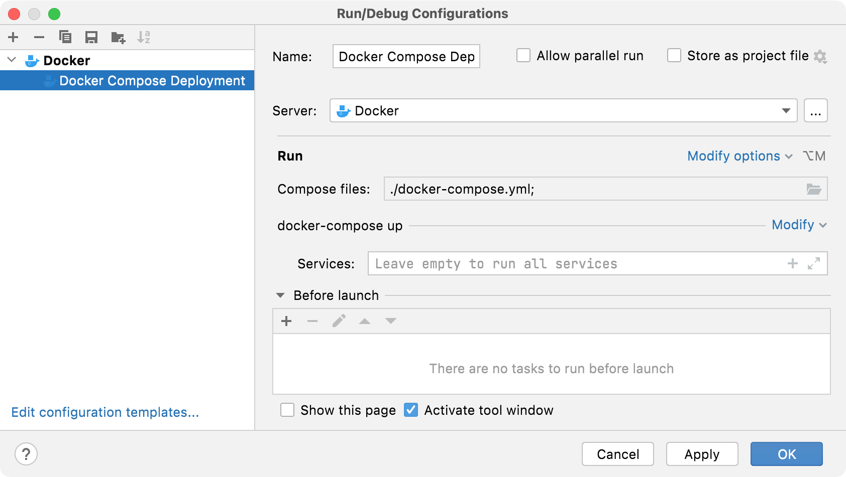 Docker Compose run configuration dialog Docker Compose run configuration dialog