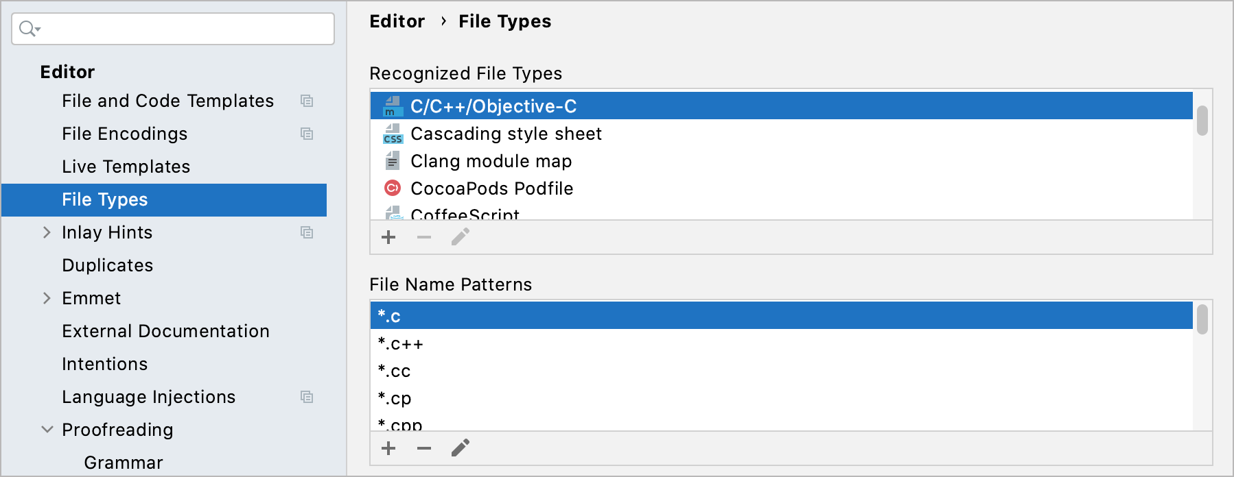 File type settings File type settings