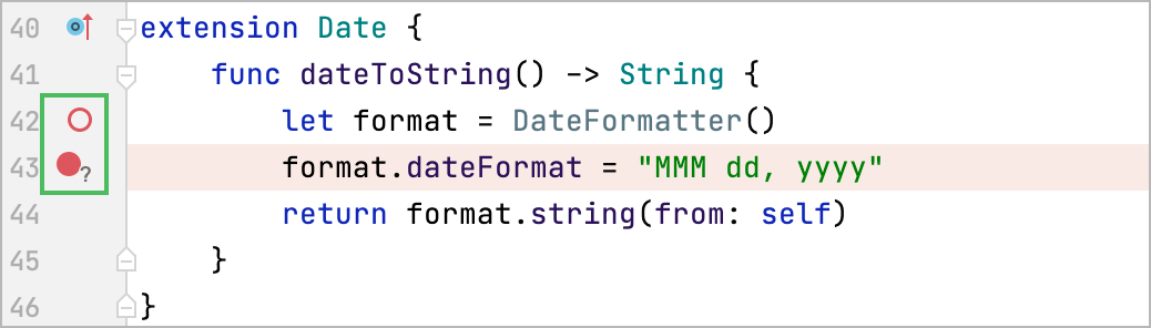 Different types of breakpoints in the editor Different types of breakpoints in the editor