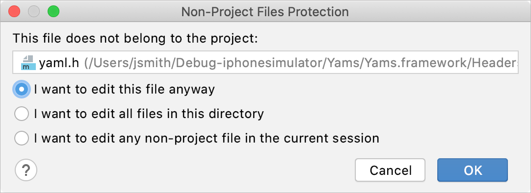Non-Project Files Protection dialog Non-Project Files Protection dialog