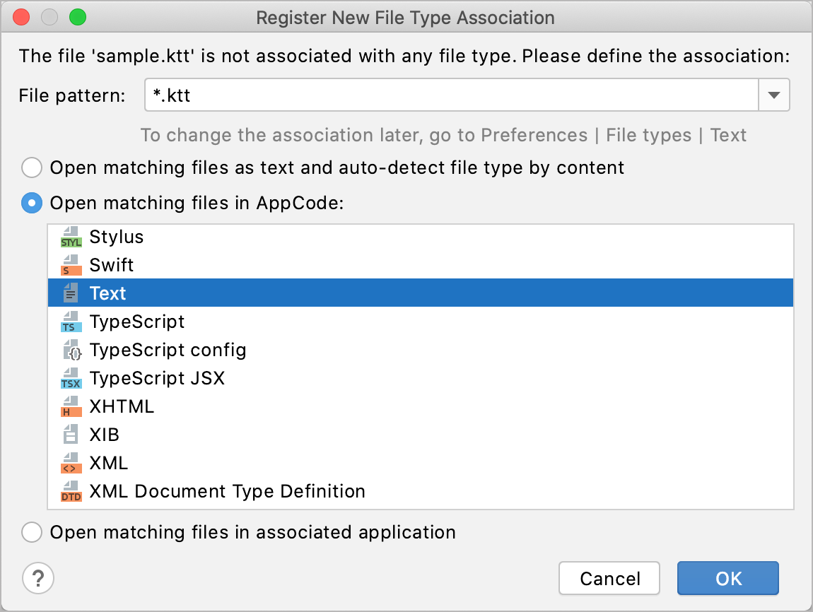 AppCode: Associating a filename pattern with specific file type
