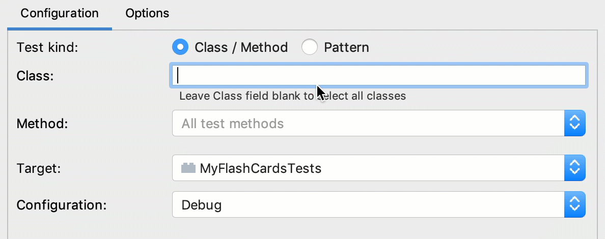 Select test class and methods